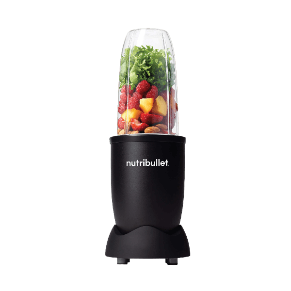 a blender with fruit and vegetables in it. NutriBullet 900 Watts, 9 Piece Set, Multi-Function High Speed Blender, Mixer System with Nutrient Extractor, Smoothie Maker, All Black, NB-201